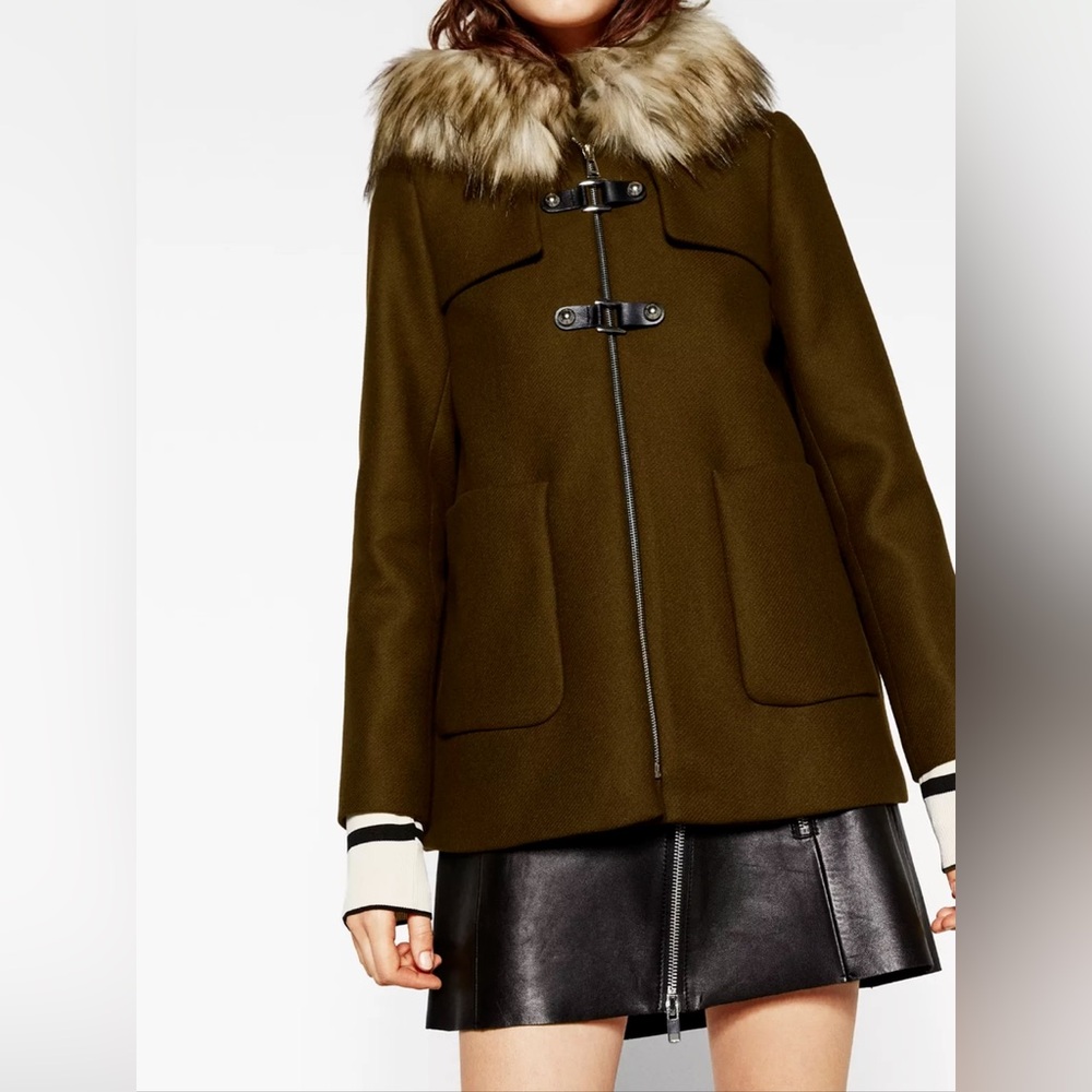 ZARA Women's Brown Olive Duffle Wool Coat Full Zip Front Buckle Size Medium M